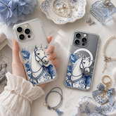 Blue Floral Horse iPhone Case , Samsung Case, Elegant Vintage Equine Phone Cover, MagSafe Case