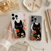Cute Black Cat Floral iPhone Case , Samsung Case, Kawaii Kitty Flower Phone Cover, MagSafe Case