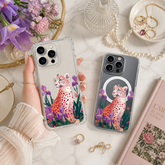 Pink Leopard Iris Flower iPhone Case , Samsung Case, Elegant Wild Cat Phone Cover, MagSafe Case