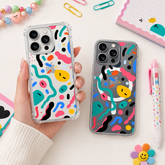 Abstract Colorful iPhone Case , Samsung Case, Memphis Pattern Clear Phone Case, MagSafe Compatible Modern Art Phone Cover