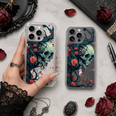 Skull and Roses Gothic iPhone Case , Samsung Case, Dark Floral Skull Clear Phone Case, MagSafe Compatible Horror Art Cover