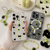 Cute Apple Cat Pattern iPhone Case , Samsung Case, Kawaii Black Cat Clear Phone Case, MagSafe Compatible Fun Cover