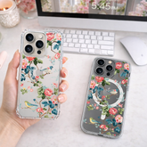 Vintage Floral Bird Phone Case, MagSafe Cottagecore iPhone Case, Pink Rose Clear Case, Botanical Bird Phone Cover, Gift for Her