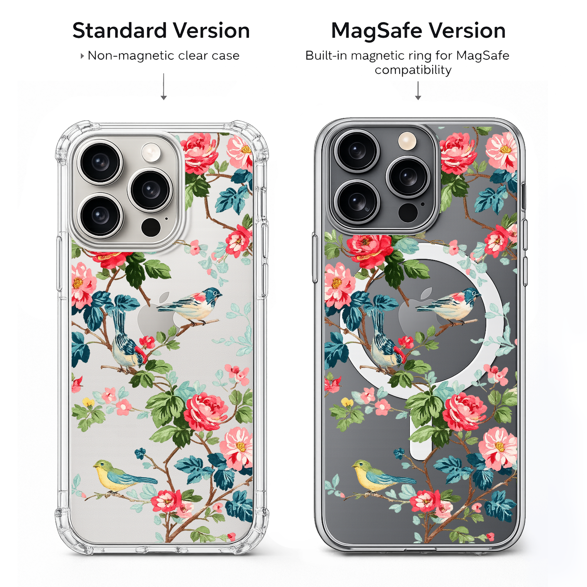 Vintage Floral Bird Phone Case, MagSafe Cottagecore iPhone Case, Pink Rose Clear Case, Botanical Bird Phone Cover, Gift for Her
