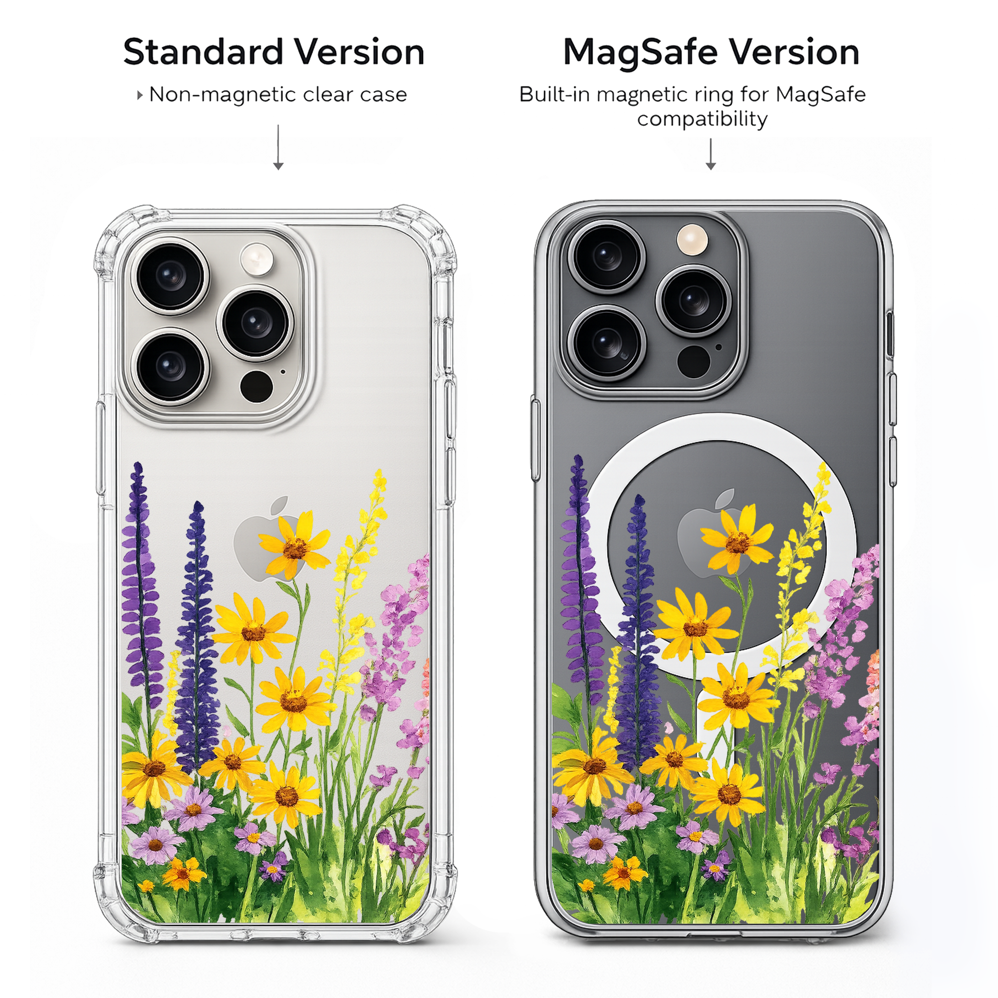 Wildflower Clear Phone Case, MagSafe Floral iPhone Case, Pressed Flower Style Case, Purple Yellow Daisy Phone Cover, Gift for Her
