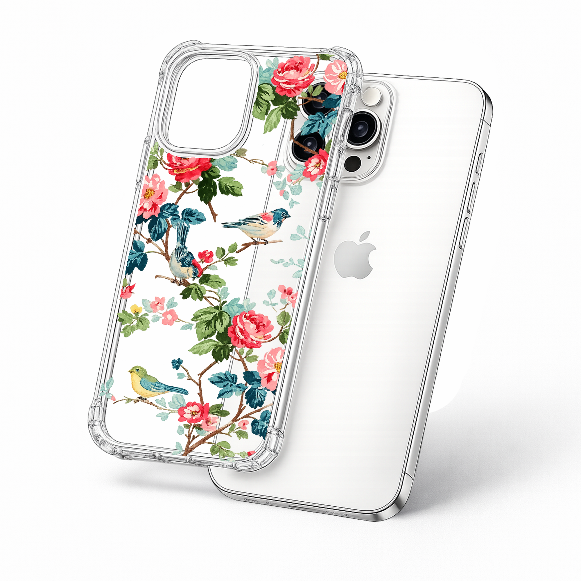 Vintage Floral Bird Phone Case, MagSafe Cottagecore iPhone Case, Pink Rose Clear Case, Botanical Bird Phone Cover, Gift for Her