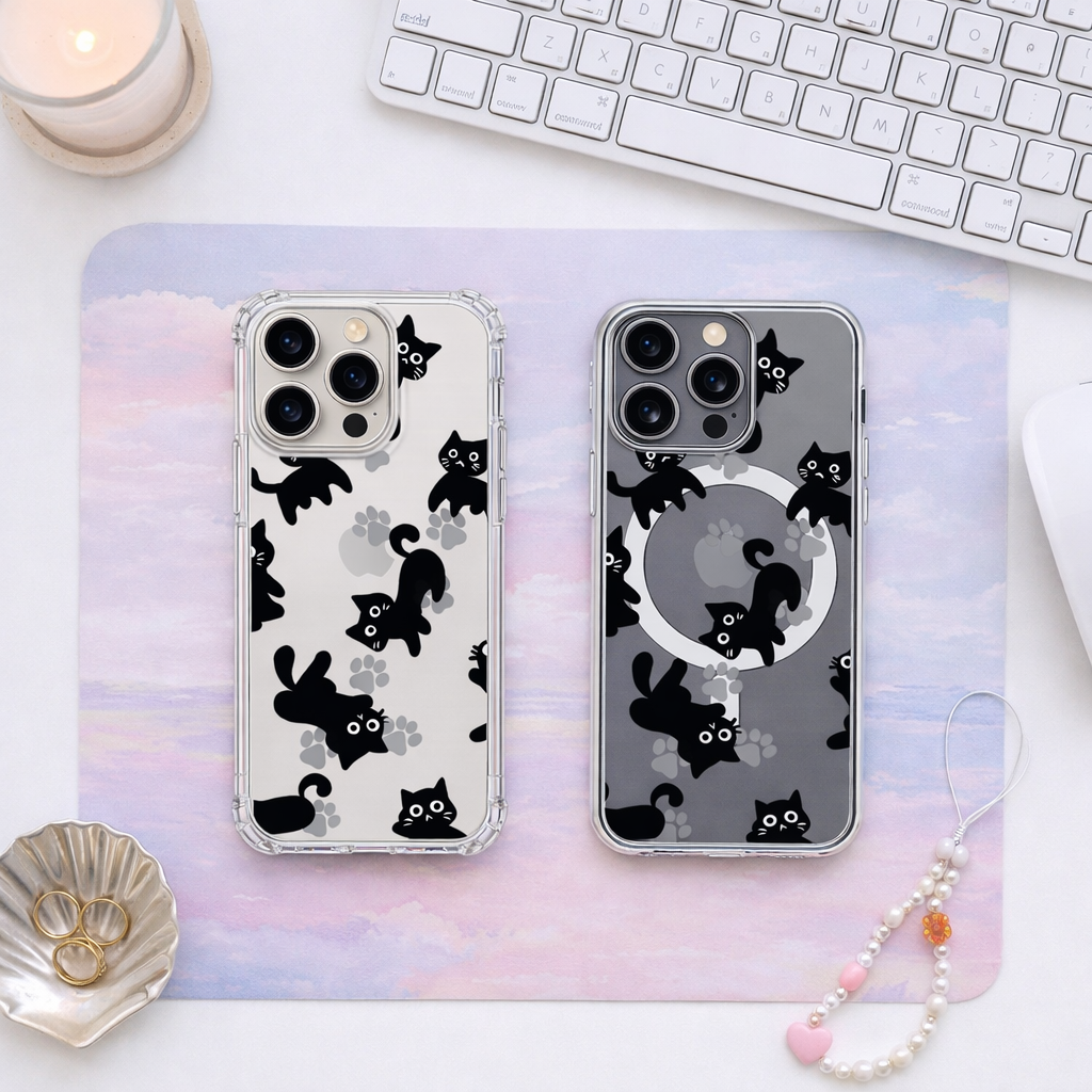 Black Cat Clear iPhone Case , Samsung Case, Cute Kitty Phone Case, Kawaii Cat Lover Gift, MagSafe Compatible Protective Case