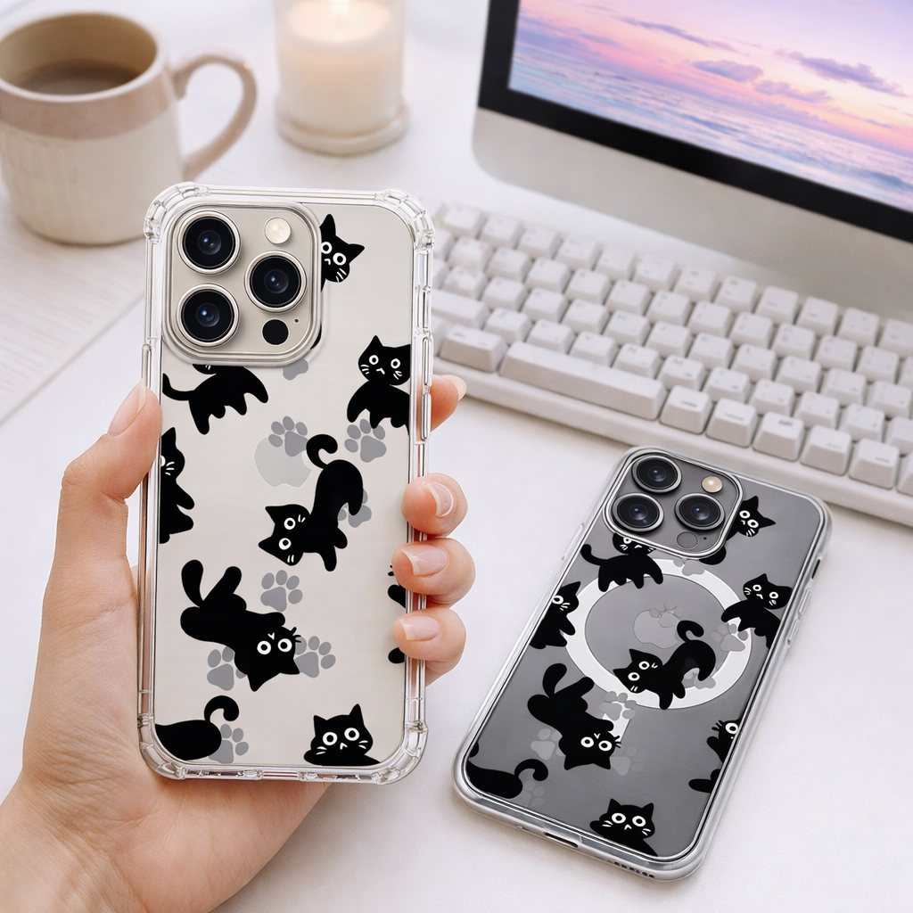 Black Cat Clear iPhone Case , Samsung Case, Cute Kitty Phone Case, Kawaii Cat Lover Gift, MagSafe Compatible Protective Case