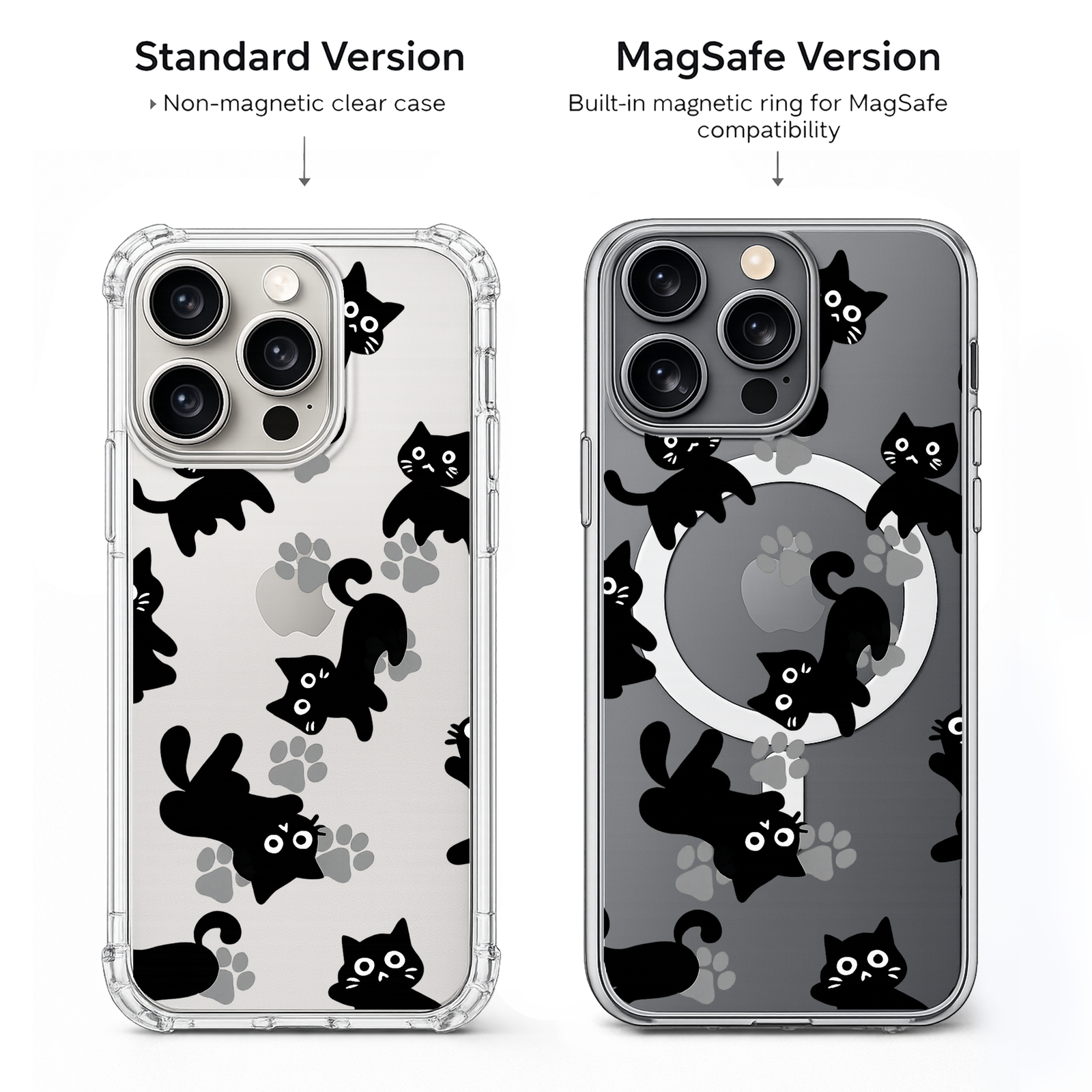 Black Cat Clear iPhone Case , Samsung Case, Cute Kitty Phone Case, Kawaii Cat Lover Gift, MagSafe Compatible Protective Case