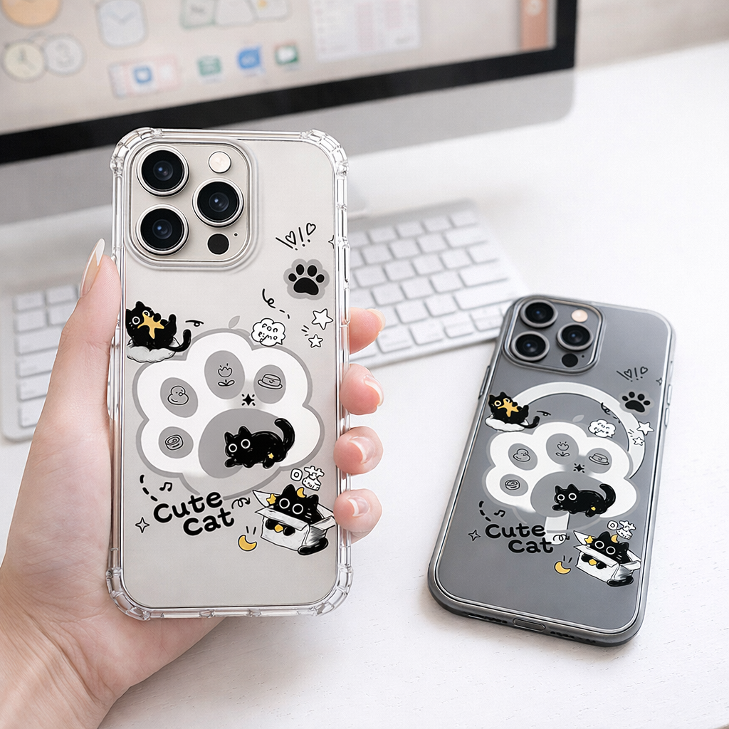 Cute Cat Paw iPhone Case , Samsung Case, Kawaii Black Cat Phone Case, Cartoon Kitty MagSafe Case, Cat Lover Gift Clear Cover
