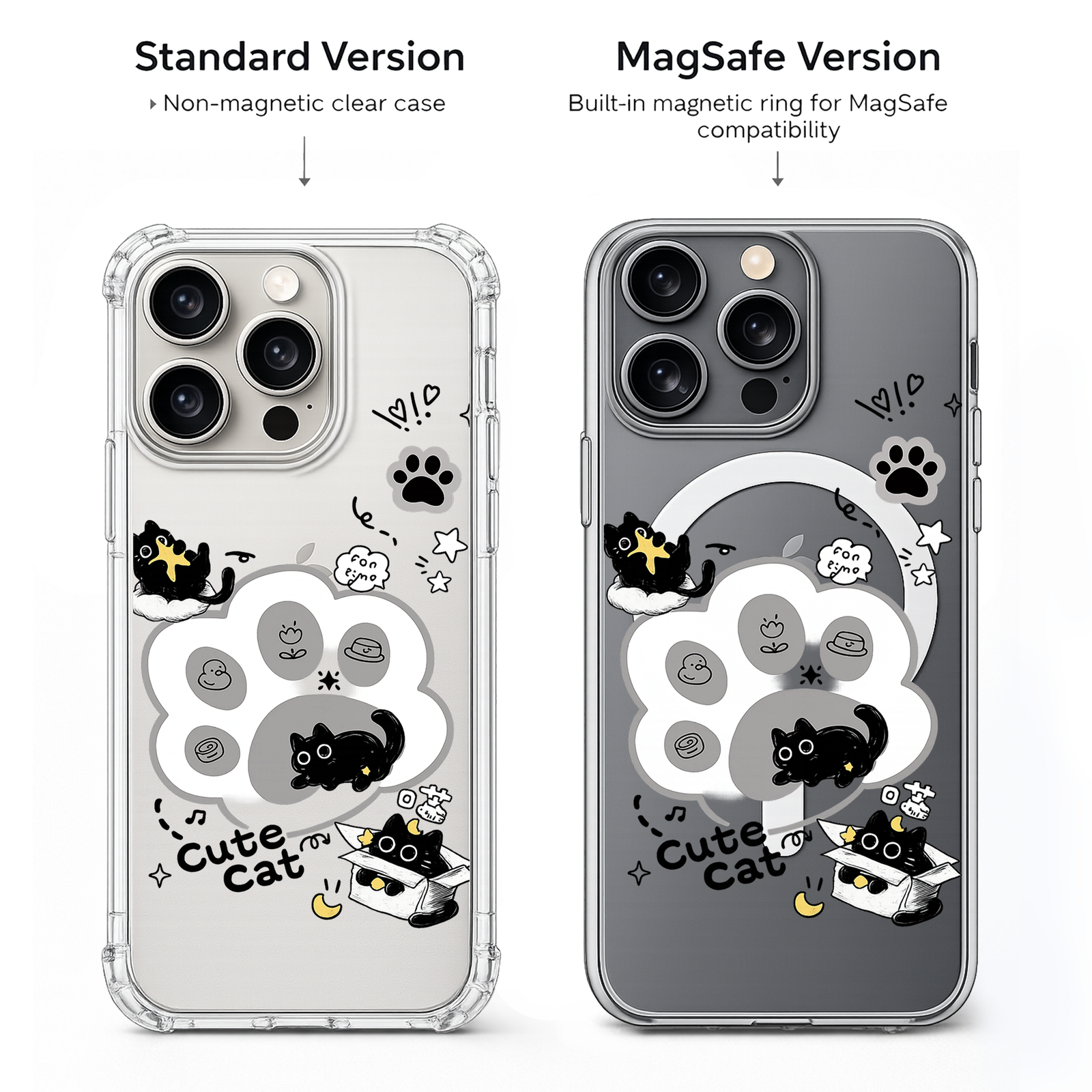 Cute Cat Paw iPhone Case , Samsung Case, Kawaii Black Cat Phone Case, Cartoon Kitty MagSafe Case, Cat Lover Gift Clear Cover