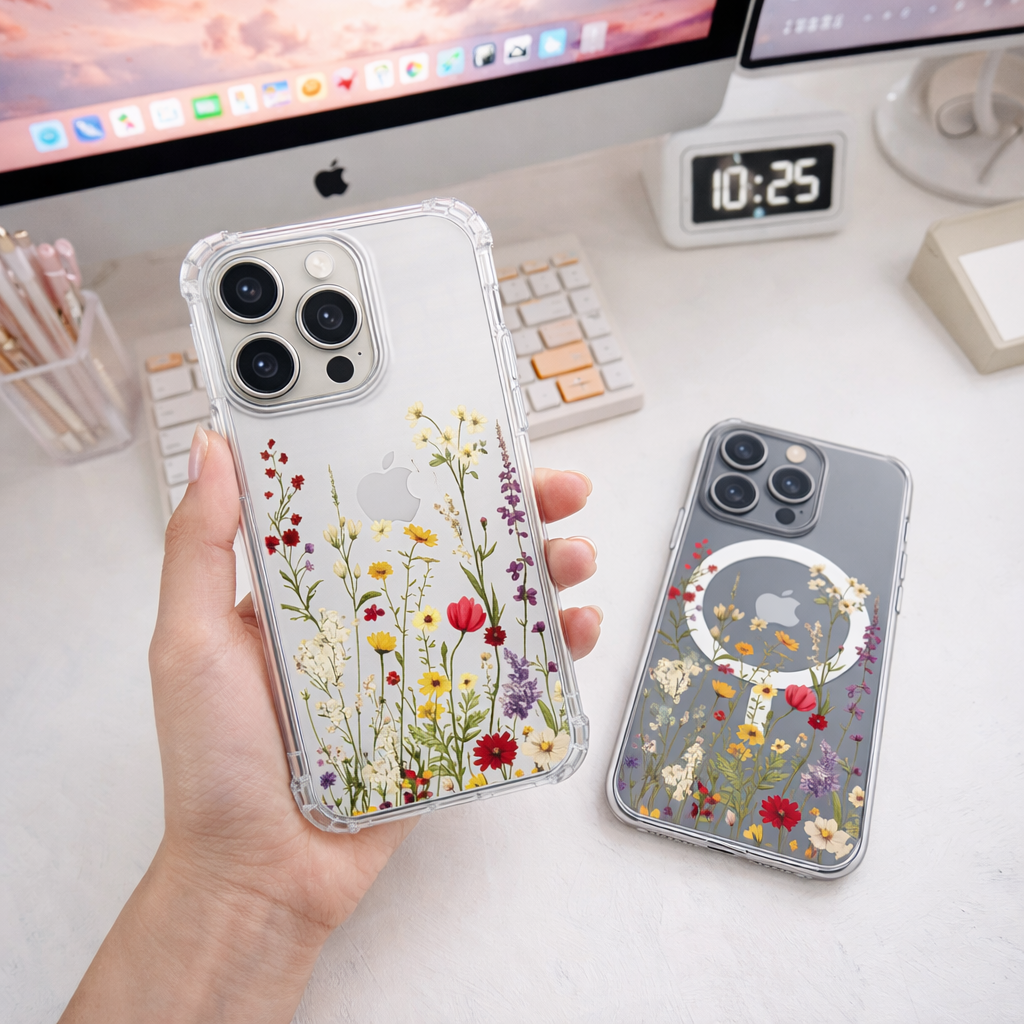 Wildflower Clear iPhone Case , Samsung Case, Floral Garden Phone Cover, Botanical Aesthetic Case, MagSafe Flower Lover Gift