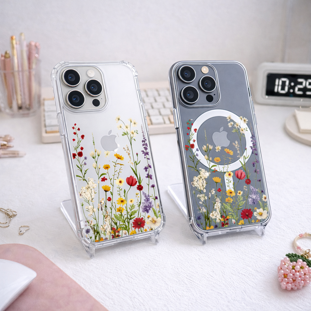 Wildflower Clear iPhone Case , Samsung Case, Floral Garden Phone Cover, Botanical Aesthetic Case, MagSafe Flower Lover Gift