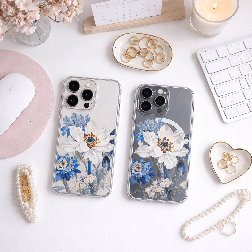 Blue White Floral iPhone Case , Samsung Case, Elegant Botanical Phone Cover, Vintage Flower MagSafe Case, Chic Garden Aesthetic Gift