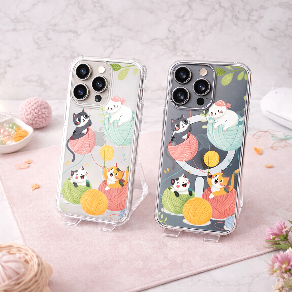 Cute Knitting Cat iPhone Case , Samsung Case, Kawaii Kitty Yarn Phone Cover, Cat Lover MagSafe Case, Cozy Craft Aesthetic Gift