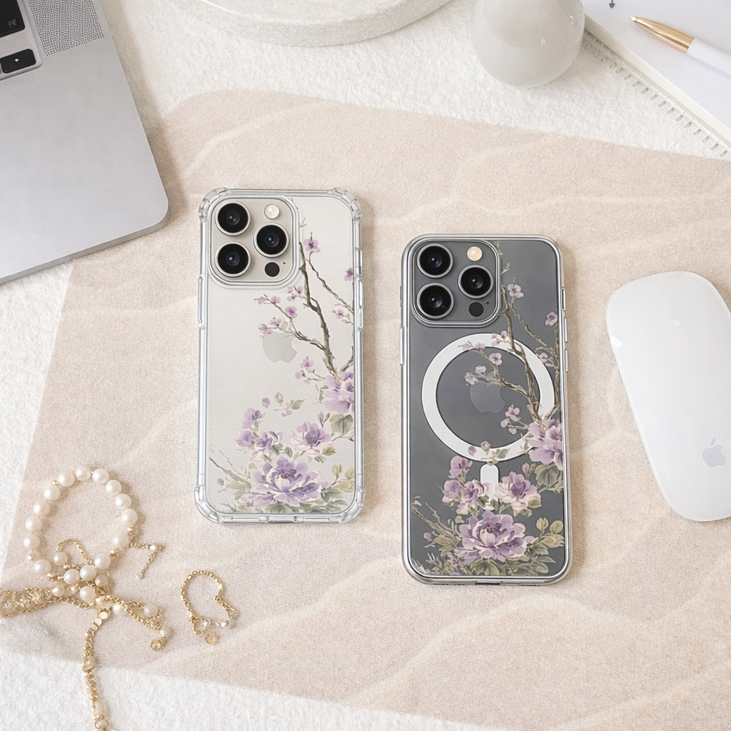 Purple Cherry Blossom iPhone Case , Samsung Case, Elegant Floral Phone Cover, Vintage Sakura MagSafe Case, Romantic Flower Gift