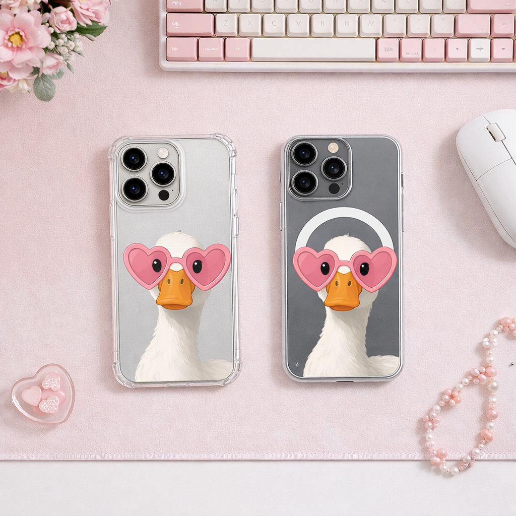 Cute Duck with Heart Sunglasses iPhone Case , Samsung Case, Funny Goose Phone Cover, Kawaii Animal MagSafe Case, Cute Bird Lover Gift