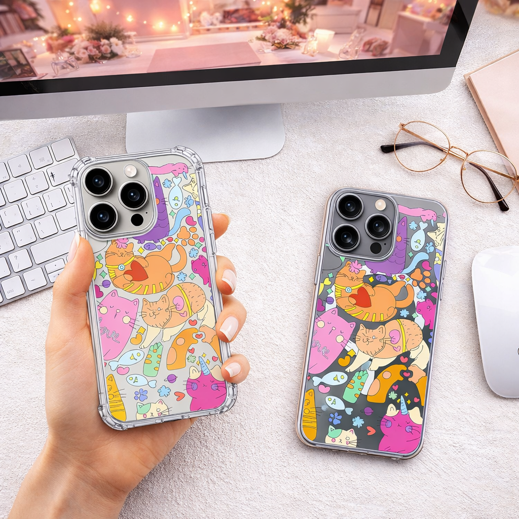 Colorful Cartoon Cats iPhone Case , Samsung Case, Kawaii Cat Doodle Phone Cover, Fun Kitty MagSafe Case, Cute Pet Lover Gift