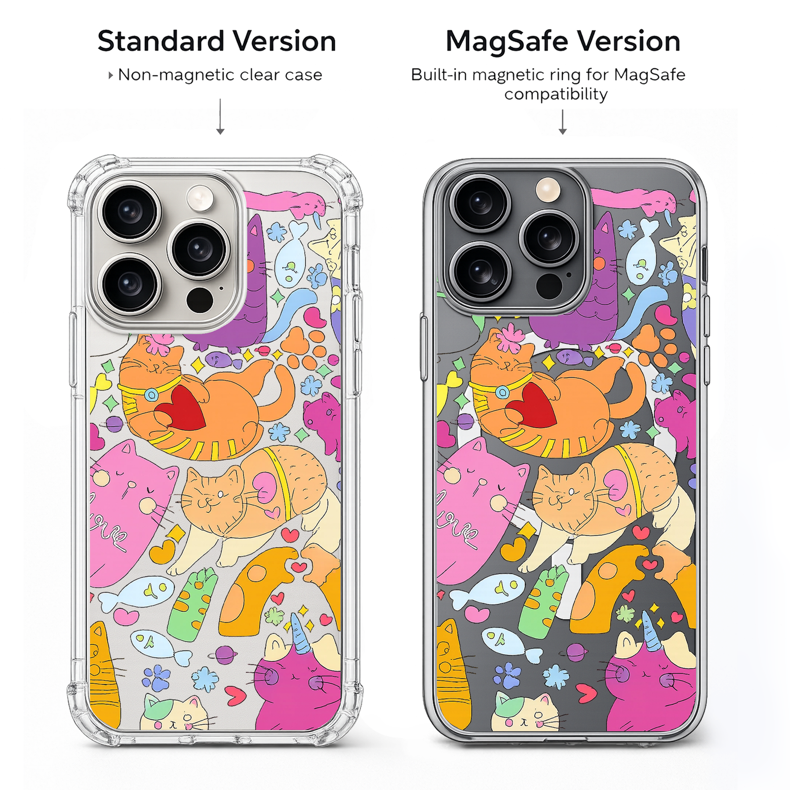 Colorful Cartoon Cats iPhone Case , Samsung Case, Kawaii Cat Doodle Phone Cover, Fun Kitty MagSafe Case, Cute Pet Lover Gift