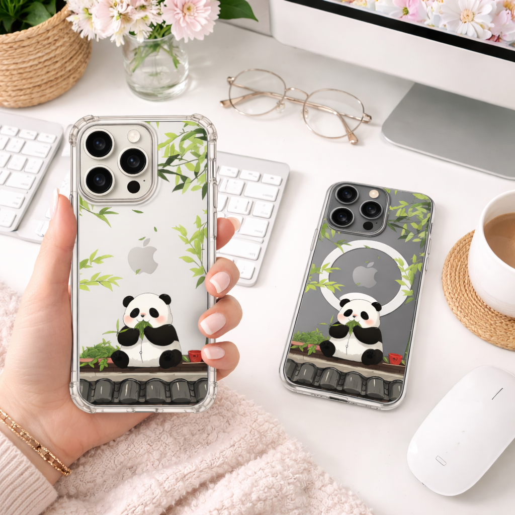 Cute Panda Eating Bamboo iPhone Case , Samsung Case, Kawaii Panda Phone Cover, Animal Lover Gift, Clear Protective MagSafe Case
