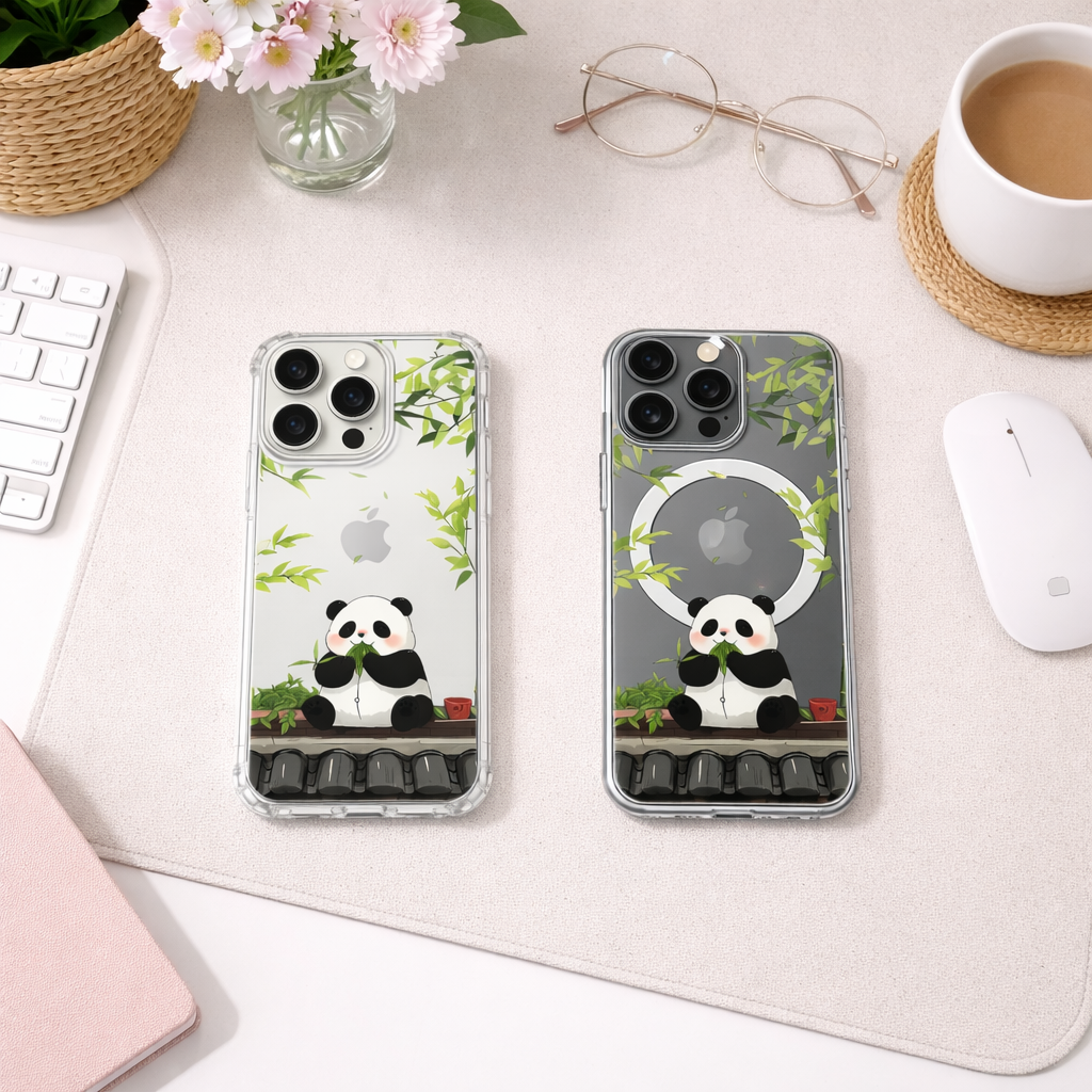 Cute Panda Eating Bamboo iPhone Case , Samsung Case, Kawaii Panda Phone Cover, Animal Lover Gift, Clear Protective MagSafe Case
