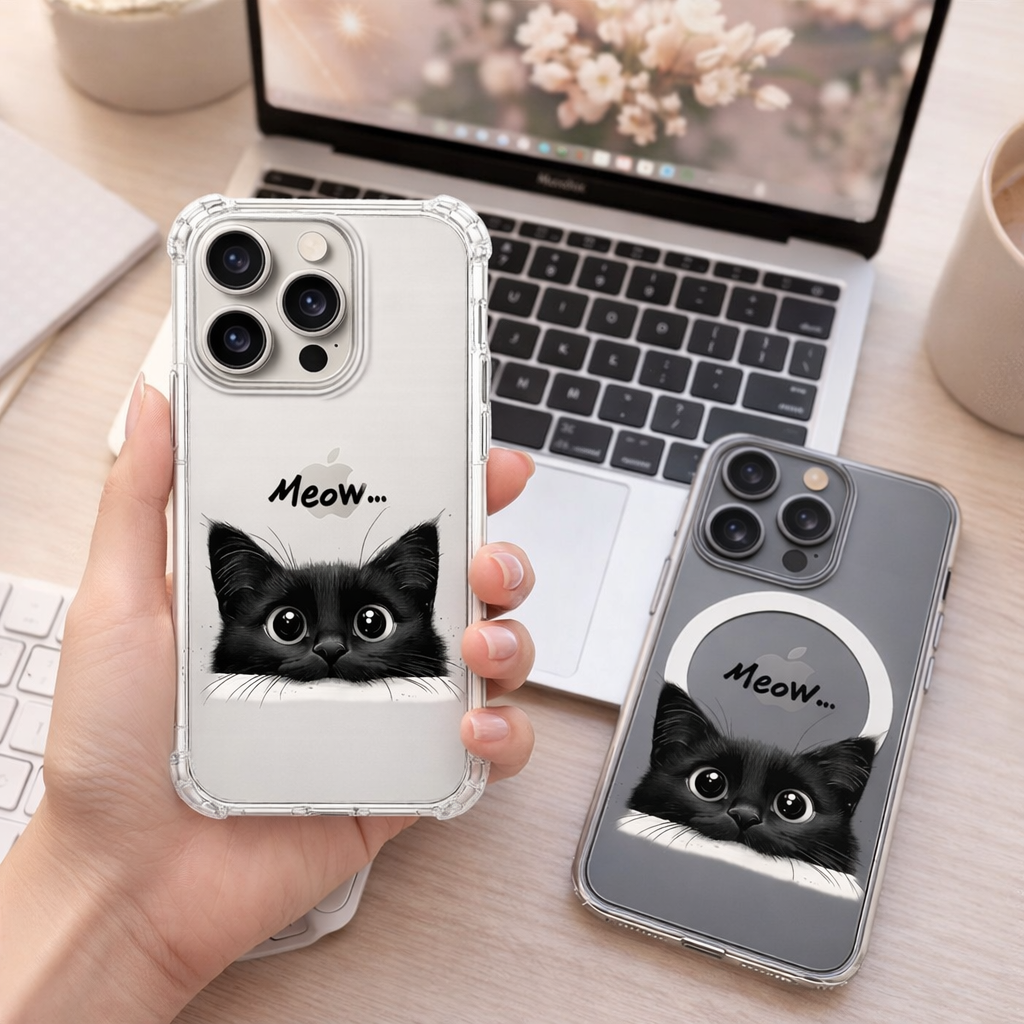 Black Cat Meow iPhone Case , Samsung Case, Cute Kitty Phone Cover, Cat Lover Gift, Aesthetic Clear MagSafe Case