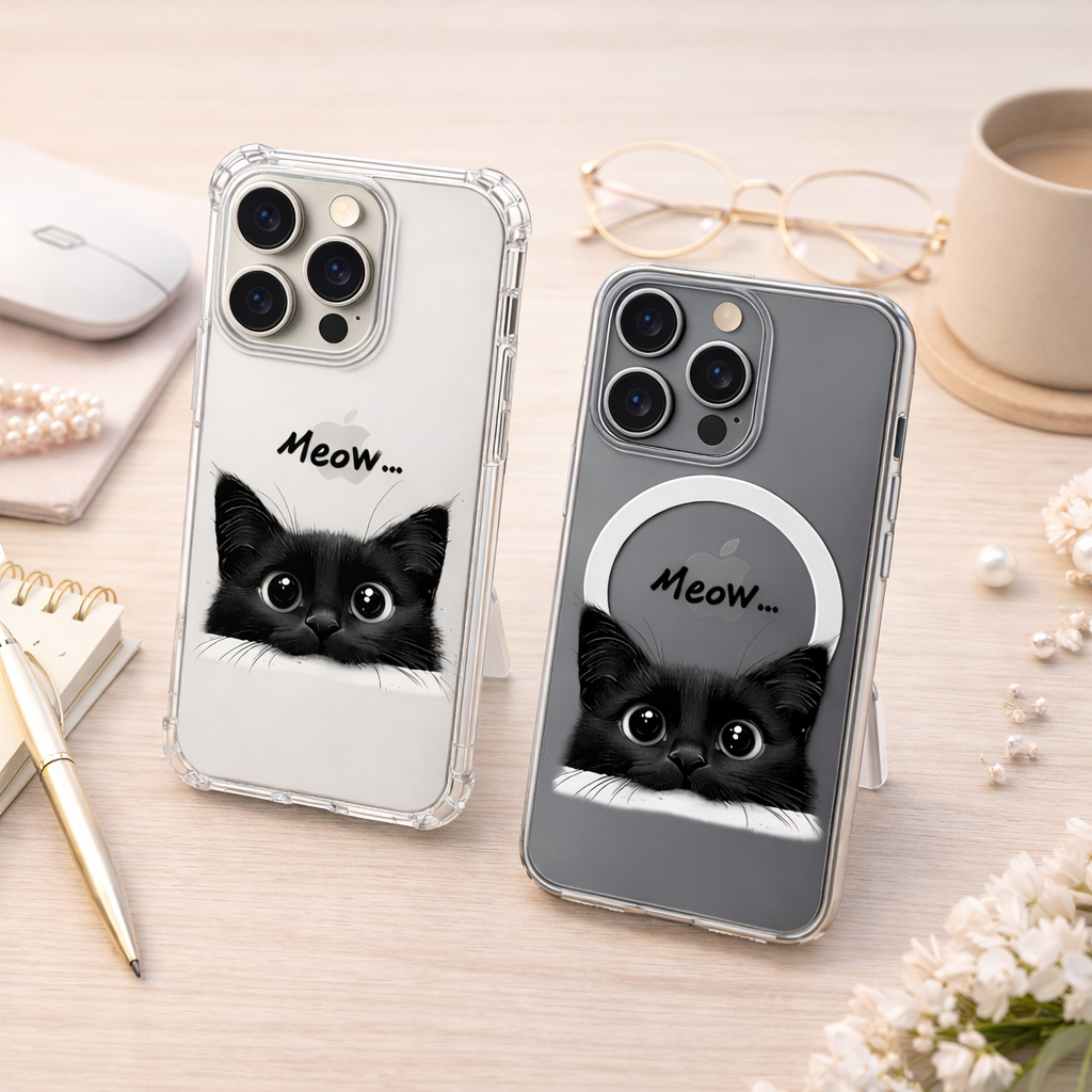 Black Cat Meow iPhone Case , Samsung Case, Cute Kitty Phone Cover, Cat Lover Gift, Aesthetic Clear MagSafe Case