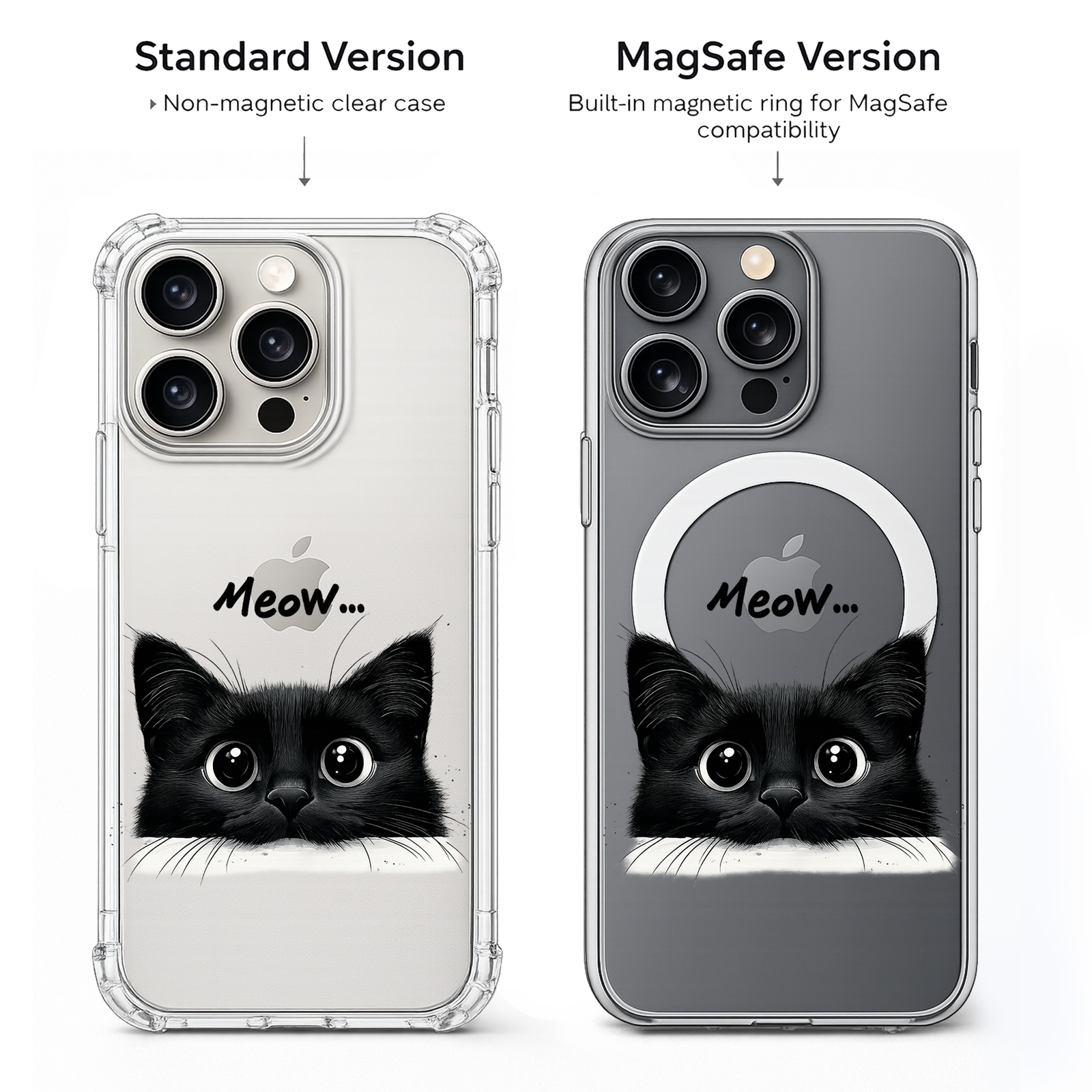 Black Cat Meow iPhone Case , Samsung Case, Cute Kitty Phone Cover, Cat Lover Gift, Aesthetic Clear MagSafe Case