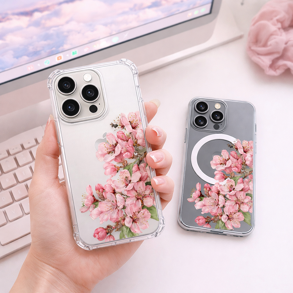Pink Cherry Blossom iPhone Case , Samsung Case, Sakura Floral Phone Cover, Botanical Flower Art, MagSafe Compatible