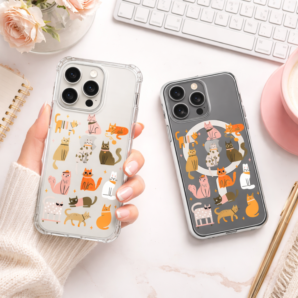 Cute Cartoon Cats iPhone Case , Samsung Case, Kawaii Cat Pattern Phone Cover, Cat Lover Gift, Clear MagSafe Case