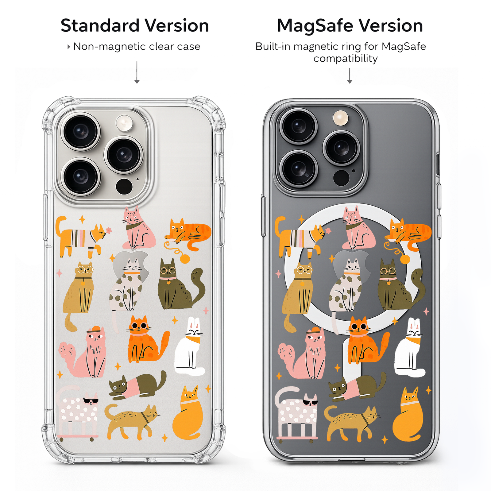 Cute Cartoon Cats iPhone Case , Samsung Case, Kawaii Cat Pattern Phone Cover, Cat Lover Gift, Clear MagSafe Case