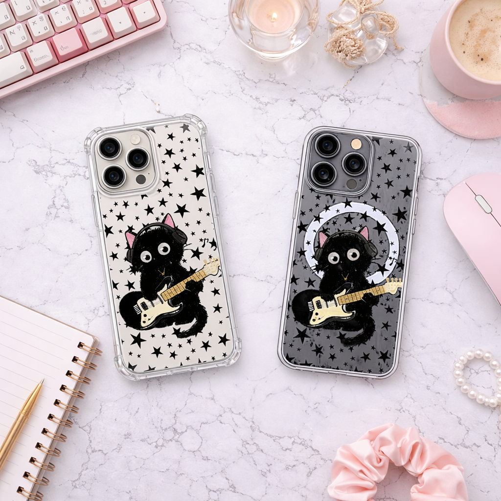 Rock Star Black Cat iPhone Case , Samsung Case, Guitar Playing Kitty Cover, Music Lover Gift, MagSafe Compatible