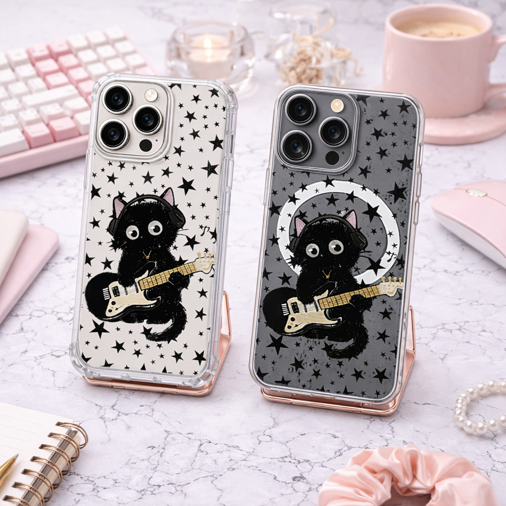 Rock Star Black Cat iPhone Case , Samsung Case, Guitar Playing Kitty Cover, Music Lover Gift, MagSafe Compatible