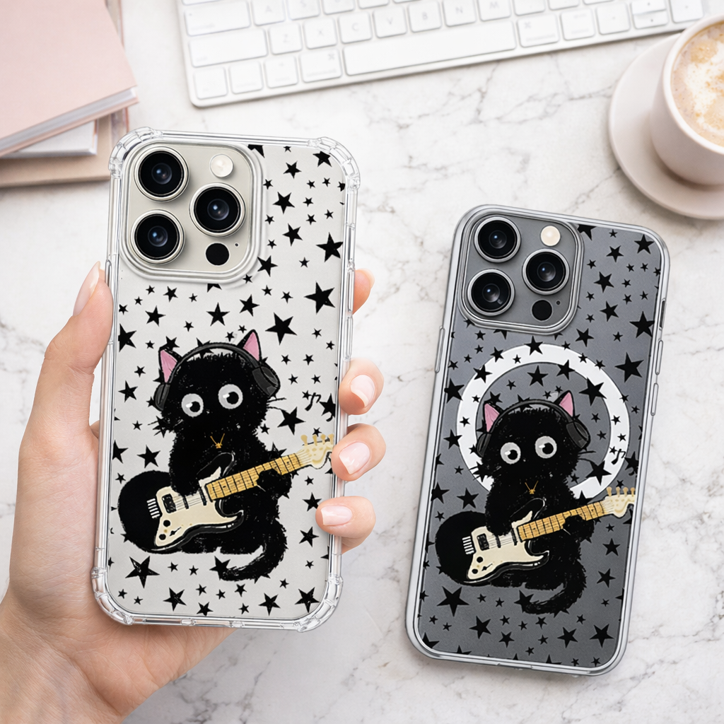 Rock Star Black Cat iPhone Case , Samsung Case, Guitar Playing Kitty Cover, Music Lover Gift, MagSafe Compatible