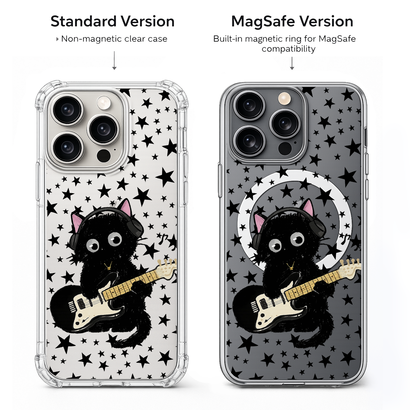 Rock Star Black Cat iPhone Case , Samsung Case, Guitar Playing Kitty Cover, Music Lover Gift, MagSafe Compatible
