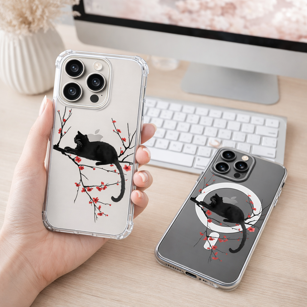 Black Cat Sakura iPhone Case , Samsung Case, Japanese Cherry Blossom Phone Cover, Elegant Cat Art, MagSafe Case