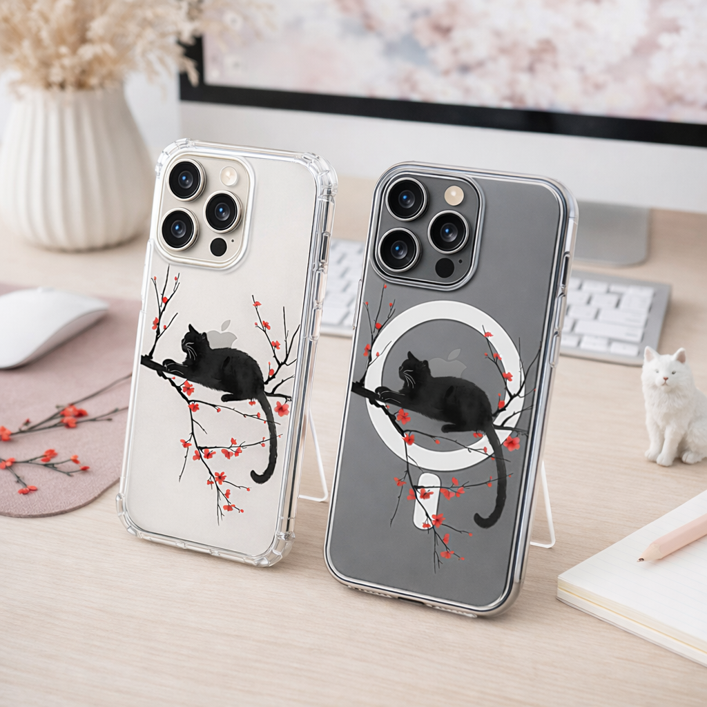 Black Cat Sakura iPhone Case , Samsung Case, Japanese Cherry Blossom Phone Cover, Elegant Cat Art, MagSafe Case