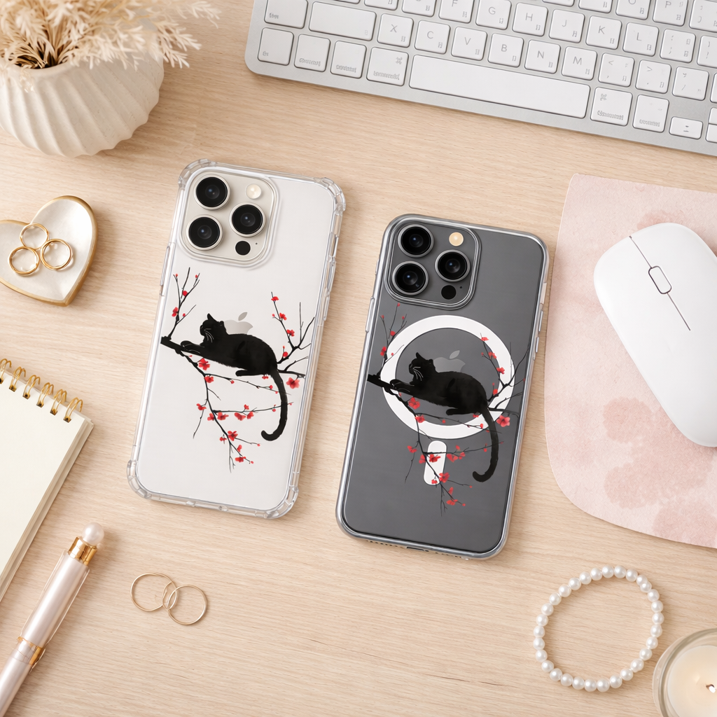 Black Cat Sakura iPhone Case , Samsung Case, Japanese Cherry Blossom Phone Cover, Elegant Cat Art, MagSafe Case