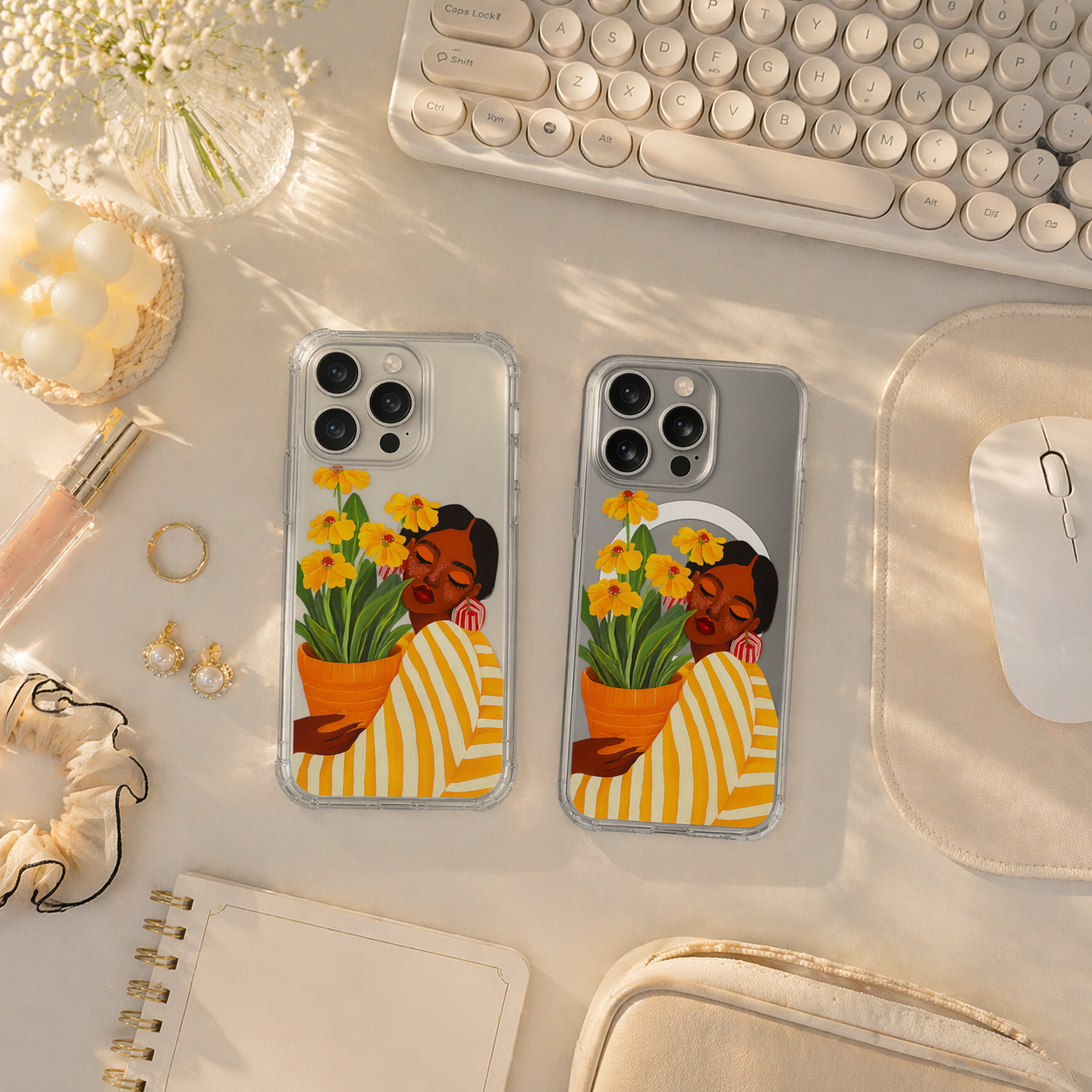 Black Woman Floral Art iPhone Case , Samsung Case, African American Beauty Phone Cover, Yellow Flower Aesthetic MagSafe Case