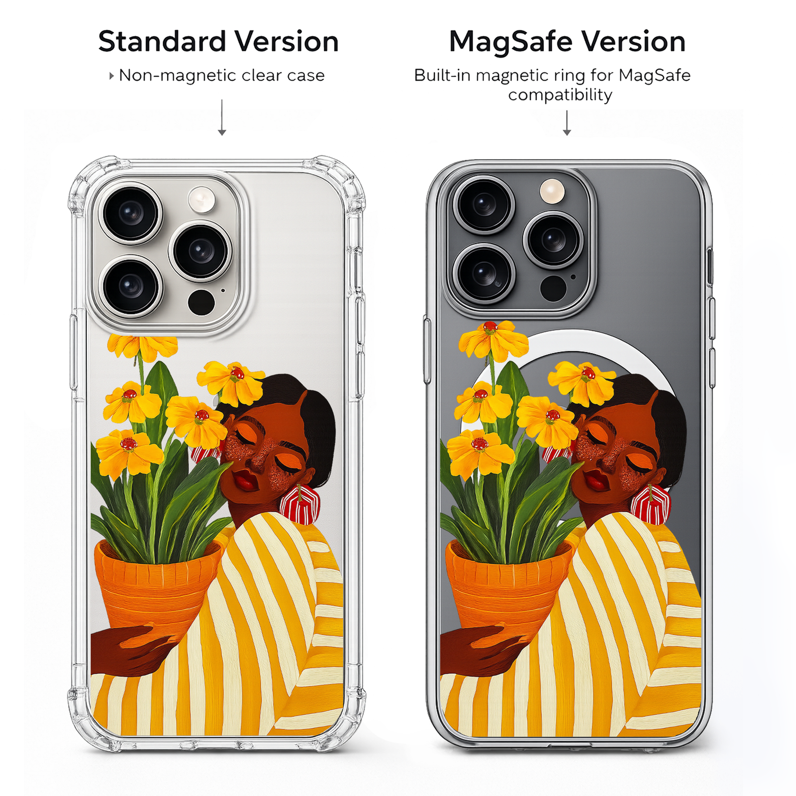 Black Woman Floral Art iPhone Case , Samsung Case, African American Beauty Phone Cover, Yellow Flower Aesthetic MagSafe Case