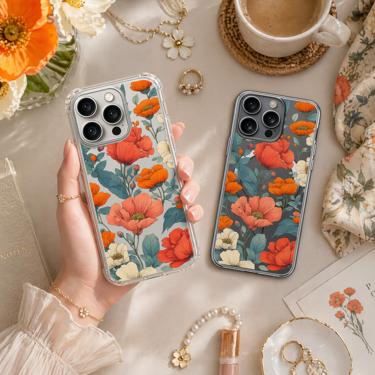 Vintage Floral Bouquet iPhone Case , Samsung Case, Orange Wildflower Phone Cover, Botanical Garden MagSafe Case