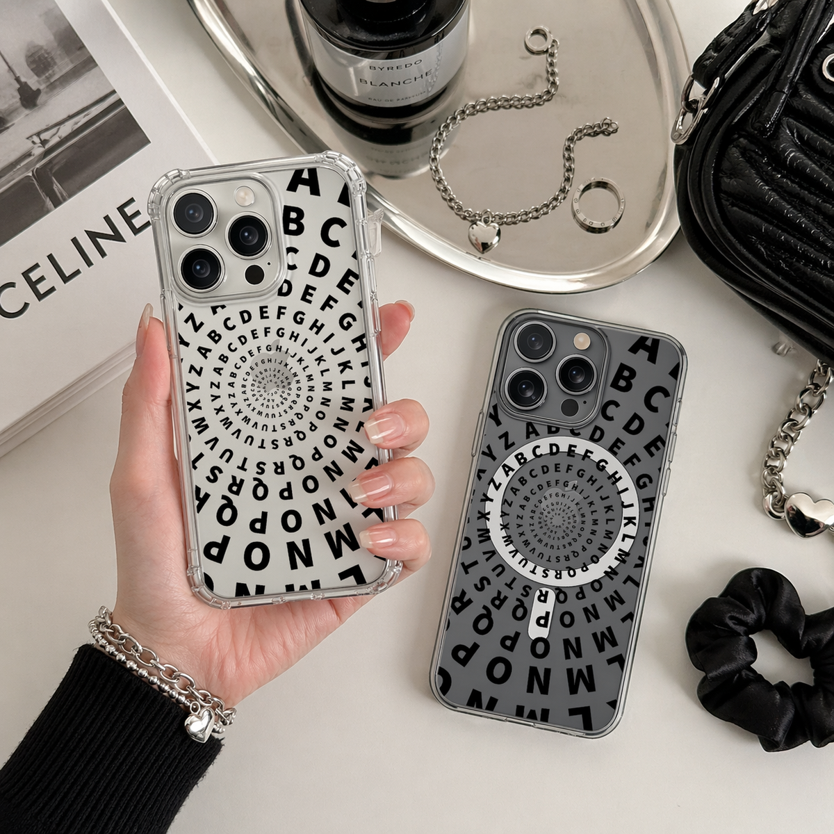 Alphabet Spiral iPhone Case , Samsung Case, Typography Art Phone Cover, Modern Black White MagSafe Case