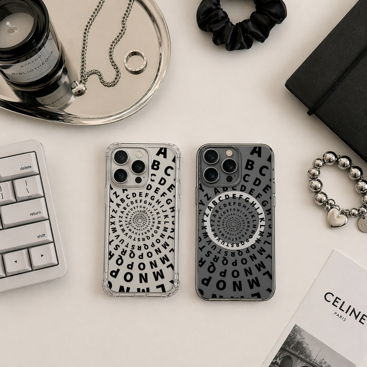 Alphabet Spiral iPhone Case , Samsung Case, Typography Art Phone Cover, Modern Black White MagSafe Case