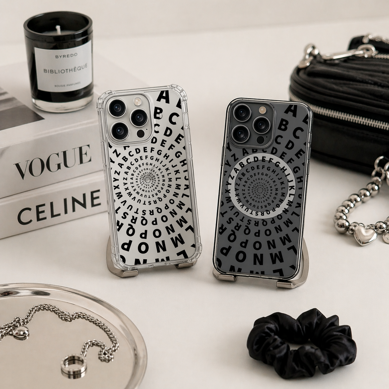 Alphabet Spiral iPhone Case , Samsung Case, Typography Art Phone Cover, Modern Black White MagSafe Case