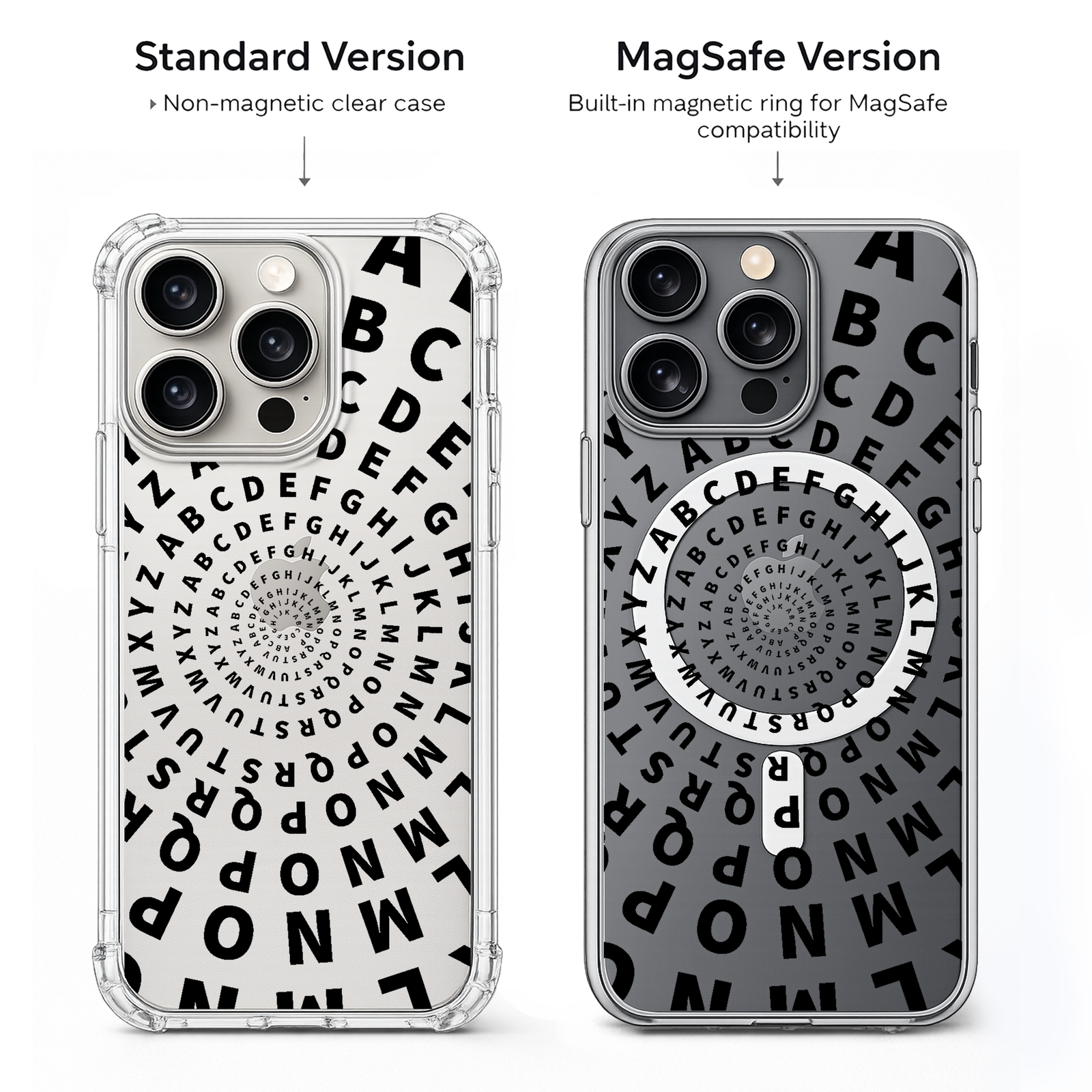 Alphabet Spiral iPhone Case , Samsung Case, Typography Art Phone Cover, Modern Black White MagSafe Case