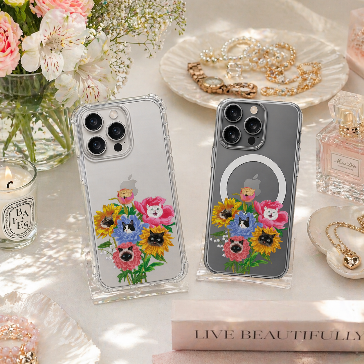 Floral Cat Bouquet iPhone Case , Samsung Case, Cute Cat Lover Phone Cover, Colorful Flower Cat MagSafe Case