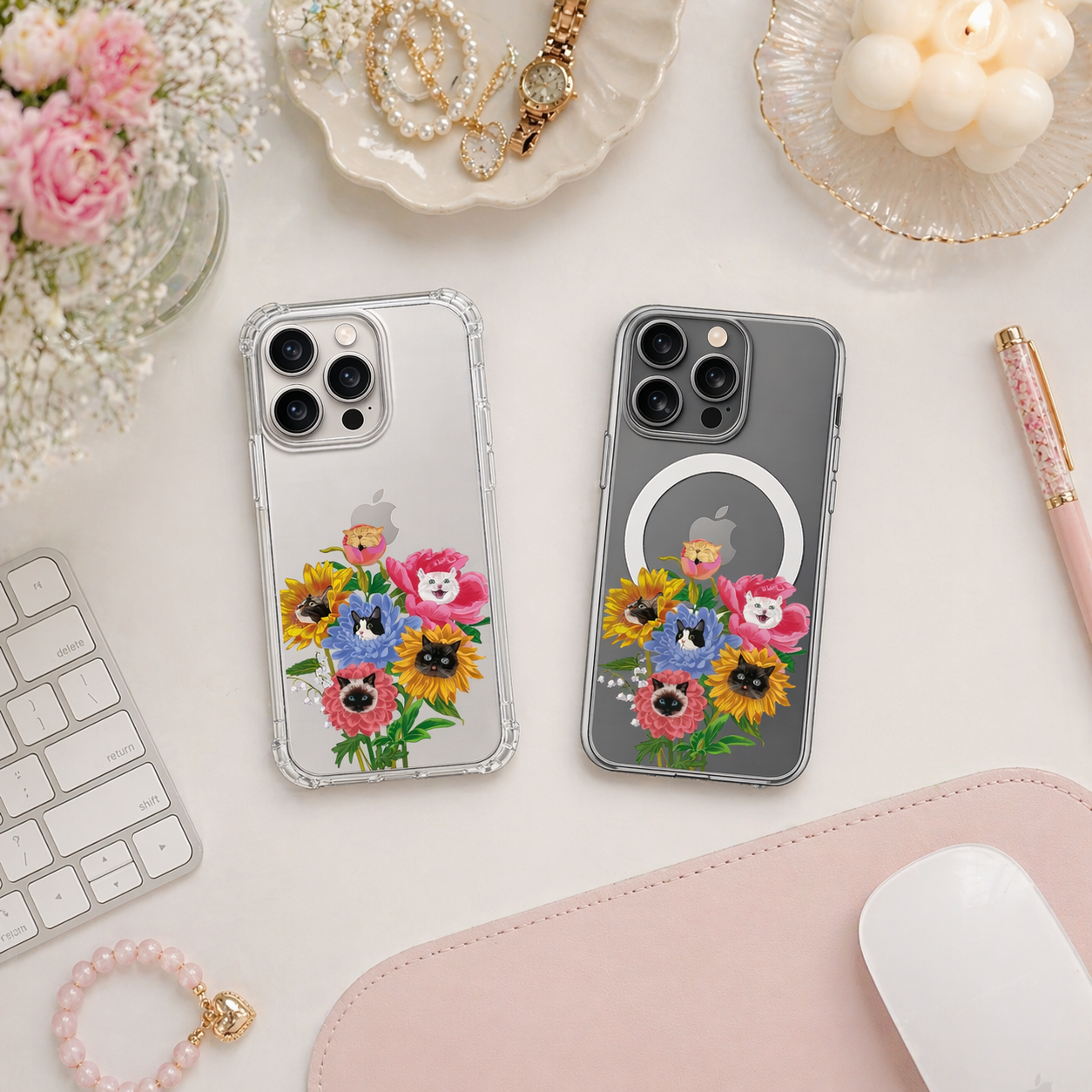Floral Cat Bouquet iPhone Case , Samsung Case, Cute Cat Lover Phone Cover, Colorful Flower Cat MagSafe Case