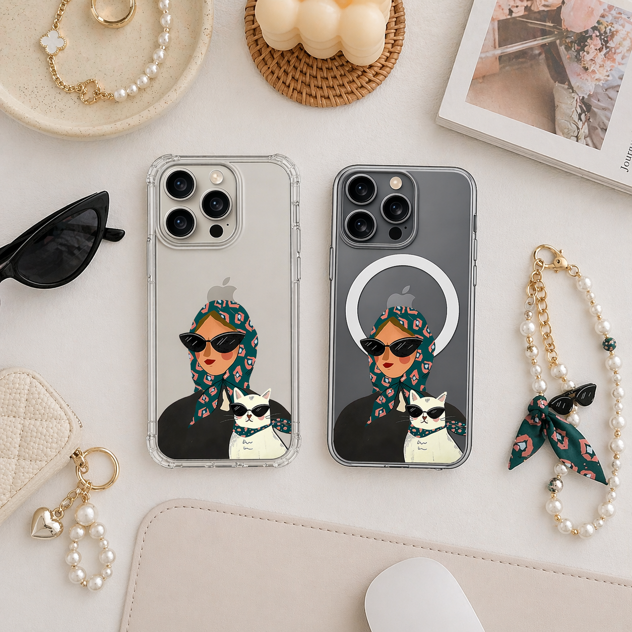 Fashion Girl and Cat iPhone Case , Samsung Case, Stylish Woman Illustration Phone Cover, Chic MagSafe Case
