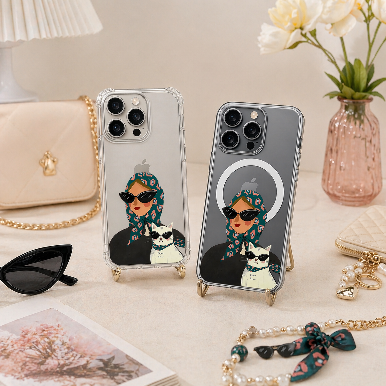 Fashion Girl and Cat iPhone Case , Samsung Case, Stylish Woman Illustration Phone Cover, Chic MagSafe Case