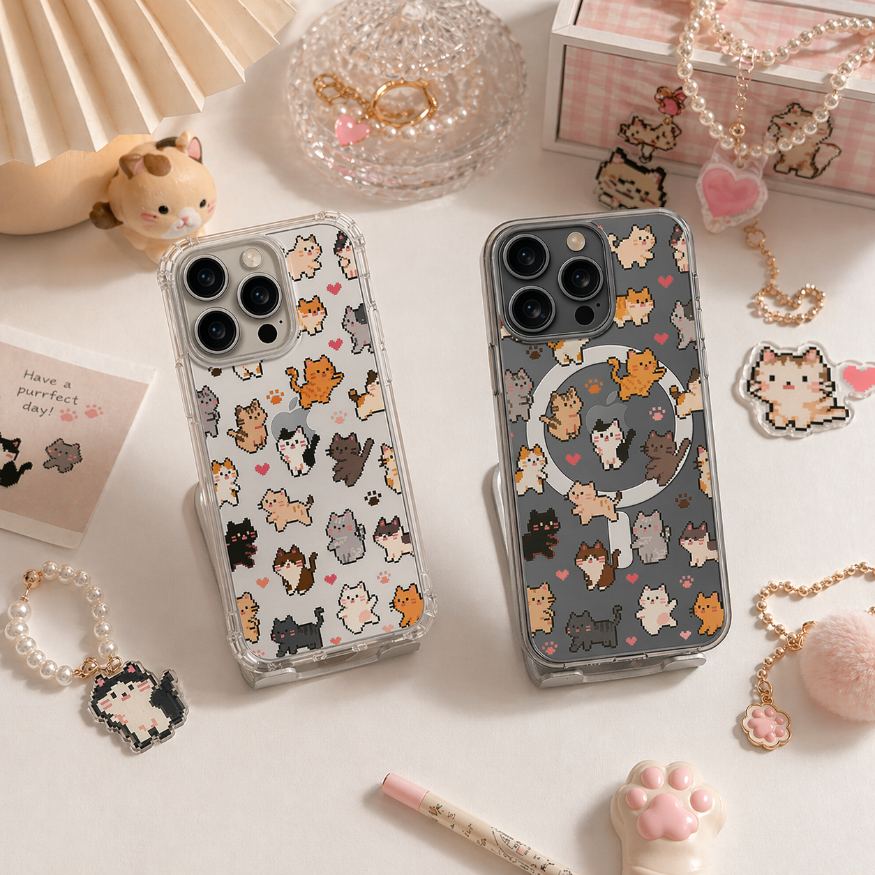 Pixel Art Cat Pattern iPhone Case , Samsung Case, Kawaii Kitty Phone Cover, Retro Gaming Cat MagSafe Case